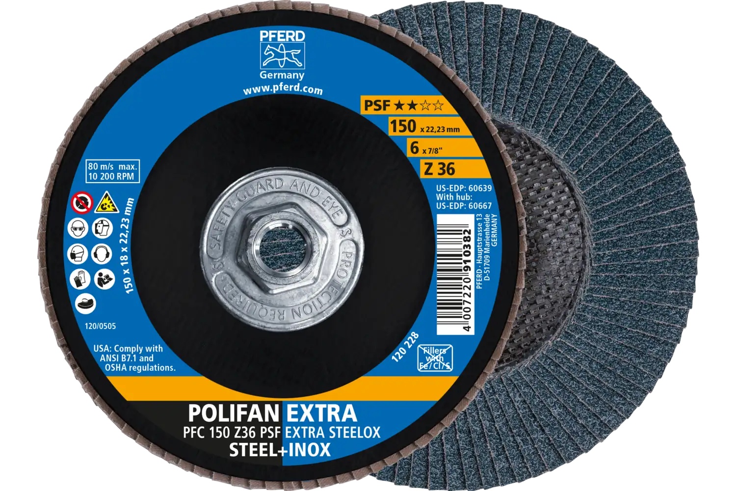 Picture of Pferd Flap Disc, 6" x 5/8-11, Z PSF Extra Steelox, 36 Grit, T29, Conical, Zirconia